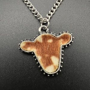 Cowgirl Western Cow Head Charm Necklace in Silver Tone and Cowhide